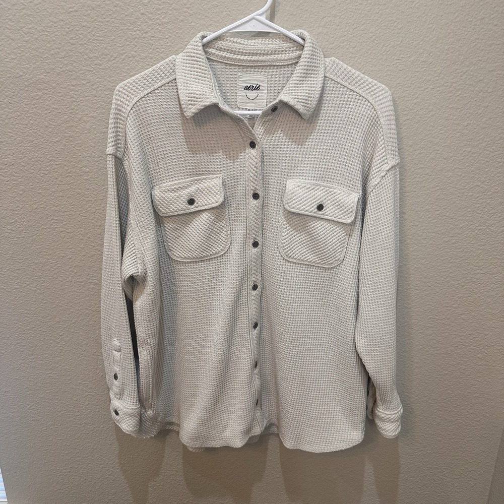 Aerie Lumber Jane Waffle Shirt Cream Oversized XS Shacket Boho Beach Casual